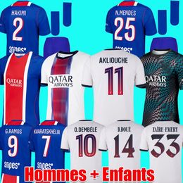 AKLIOUCHE Maillot de foot psge jersey 26 27 KVARATSKHELIA O.DEMBELE psges soccer jerseys D.DOUE HAKIMI men kids set football shirt kit psges psgs