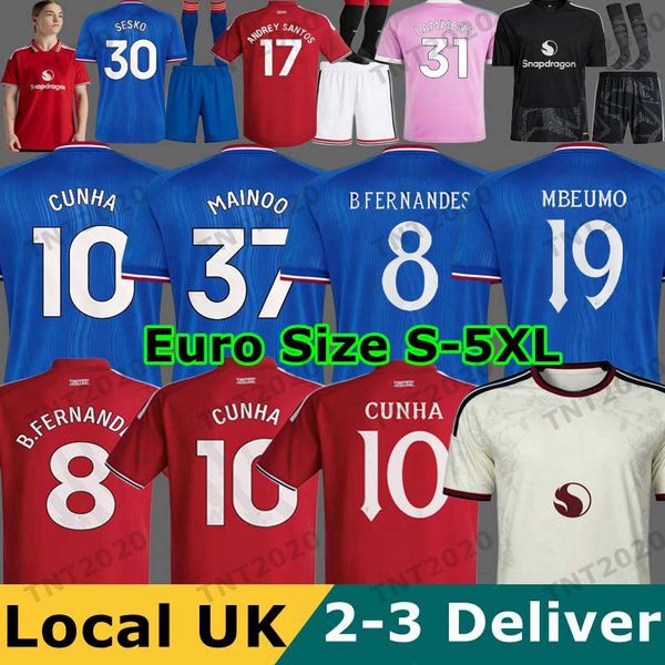 26 27 SESKO HOME away MBEUMO CUNHA 10 2026 2027 Soccer Jersey football shirts B. FERNANES men kids kits MAINOO 37 TIELEMANS women Rashford 39 ANDREY SANTOS TIELEMANS