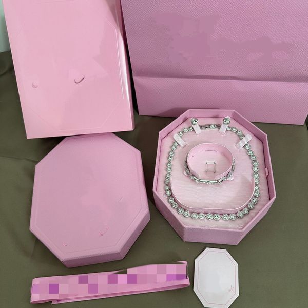Designer Jewelry Set With Pink Box Rhinestone Necklace Bracelet Earrings Sets Adjustable Jewelry Christmas Valentine's Day Gifts